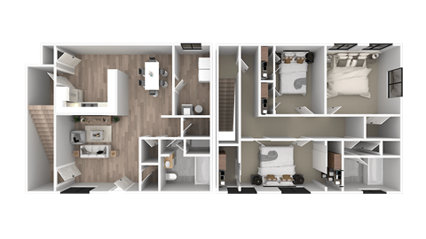 a 3d floor plan of a bedroom with a bathroom and a living room